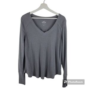 Hollister Waffle Knit Shirt Womens Large Gray Scoop hem Casual V-neck
